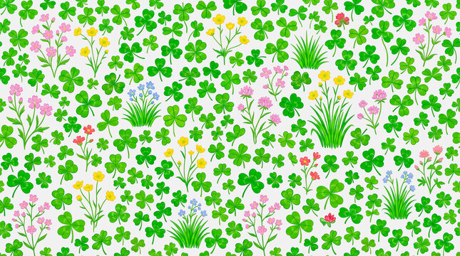 Seamless pattern of hand drawn wildflowers and green clover leaves on light background