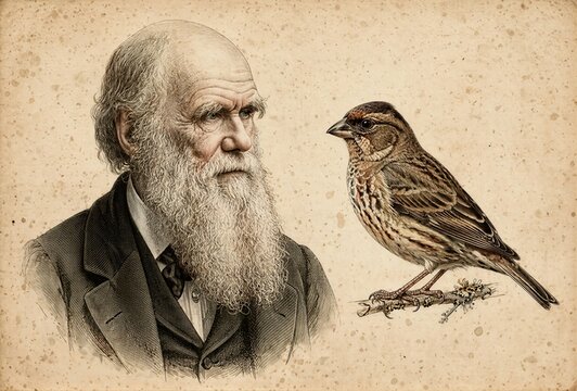 Vintage illustration of charles darwin beside a finch, symbolizing evolution, natural selection, and scientific study of bird adaptation.