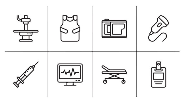 Radiology tools line icon set with X-ray machine and scanner