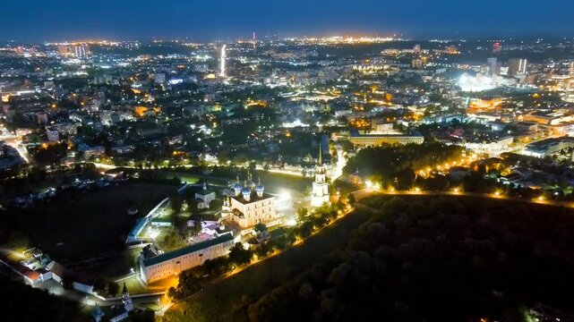 Ryazan, Russia. Night flight. Ryazan Kremlin - The oldest part of the city of Ryazan. Cathedral of the Assumption of the Blessed Virgin Mary. Drone footage