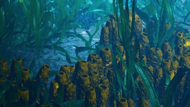 Underwater scene shows various plants and coral forming a habitat. The area is rich in textures and colors with sunlight filtering through the water.