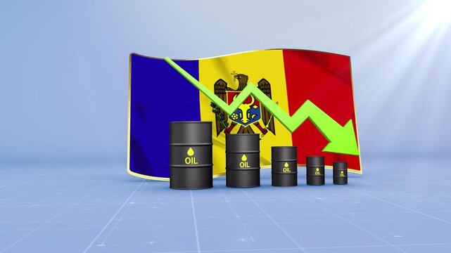 Moldova Oil Price Falling with Oil Barrels Downward Green Arrow and 3D Financial Data Visualization Graphs for Economy and Business Concept