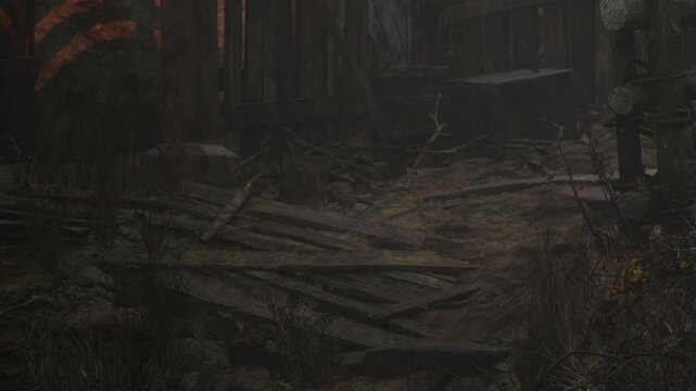 A worn down building lies in disrepair with broken wooden planks scattered on the ground. Weeds grow around the area, and the light appears dim.
