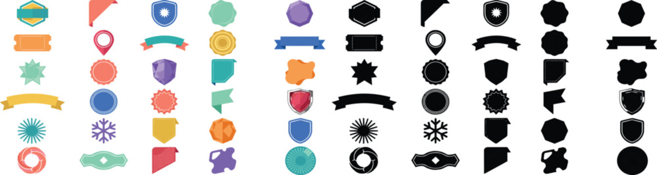Colorful and black silhouette badge and emblem designs featuring shields, ribbons, stars, and geometric decorative shapes