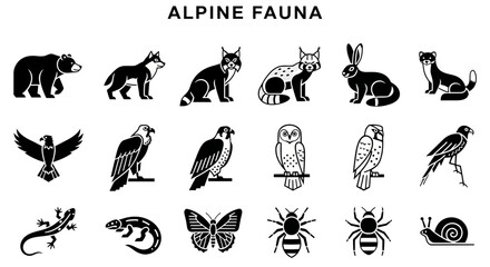 A graphic collection of 18 minimalist black icons featuring diverse alpine animals arranged in three horizontal rows © Julian Vance