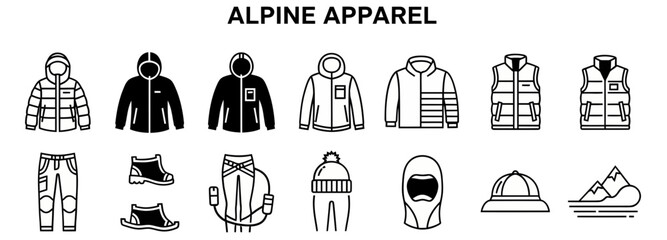 A grid of 14 black and white icons depicting alpine clothing and gear including jackets vests pants boots and a mountain peak © Julian Vance