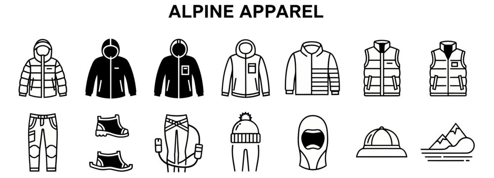 A grid of 14 black and white icons depicting alpine clothing and gear including jackets vests pants boots and a mountain peak
