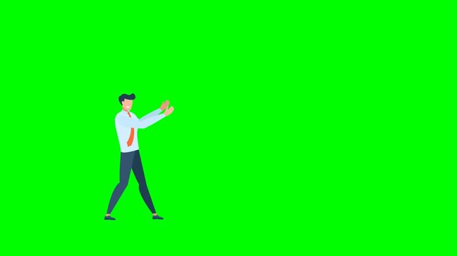 Cartoon businessman in formal clothes making hand gesture. A man in full growth. Corporate character with red tie. Hands extended. Green screen video. Side view. 2d flat animation. Alpha channel