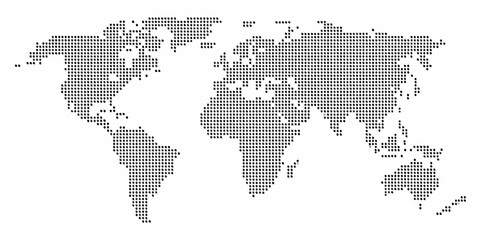 world map silhouette created from black dots on white background geography global continents oceans cartography vector graphic design pattern modern © Debashis