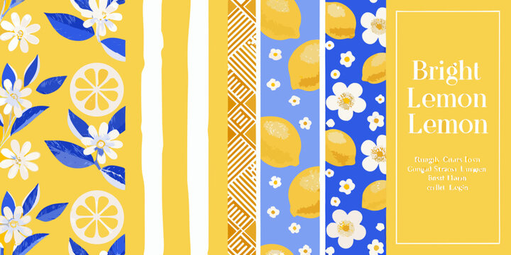 lemon floral pattern on yellow and blue backgrounds flowers stripes geometric summer designs fruits botanical illustration vector graphic decorative tropical