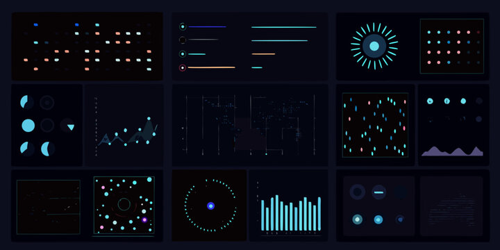 analytics dashboard elements in dark mode vector style charts graphs data visualization interface user infographic statistics metrics performance monitoring analysis