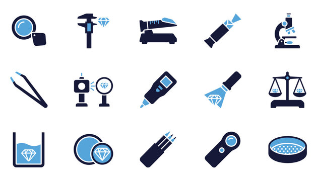 Set of fifteen jewelry appraisal and professional diamond inspection tool vector icons.