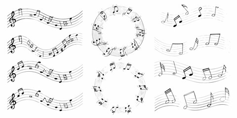 musical notes on staffs in black and white line art music notation clef quavers semibreves minims graphic design pattern sheet © Debashis
