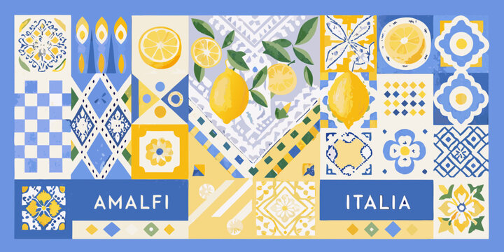 amalfi lemon tiles vector illustration with blue yellow patterns fruit citrus tile design italia mediterranean graphic art pattern background culture