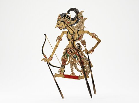 Traditional Indonesian Wayang Kulit Shadow Puppet Depicting a Warrior Character Holding a Bow and Arrow