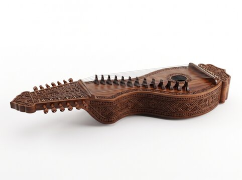 Traditional Indian Veena Musical Instrument with Intricate Wood Carvings on White Background