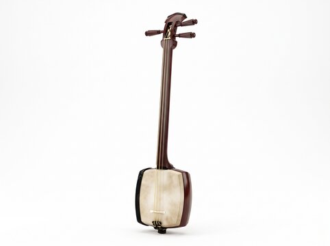 Traditional Japanese Shamisen String Instrument on White Background