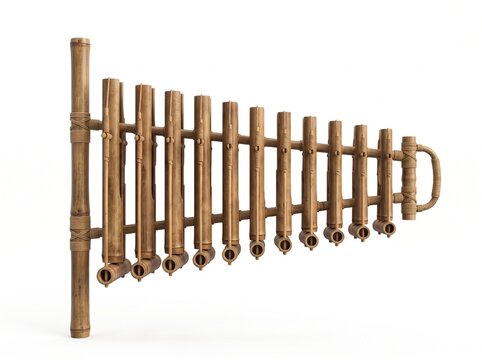 Authentic bamboo musical instrument with graduated pipes arranged on a frame isolated against a white background for ethnic music and cultural design