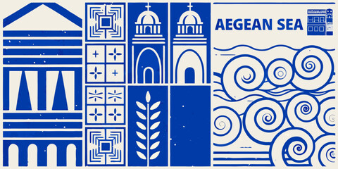 vintage block print style poster featuring greek architecture and sea motifs blue white pattern building wave spiral geometric ornament travel © Debashis