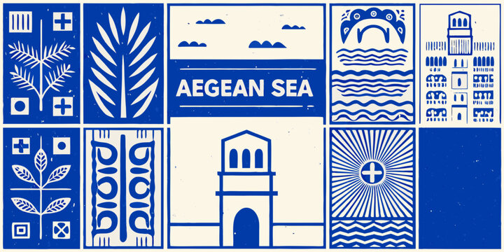 vintage block print style posters featuring greek symbols and scenes aegean sea architecture waves crosses leaves blue white vector illustration