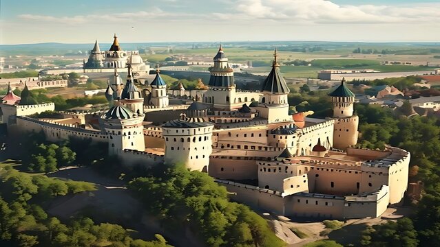 Aerial view of historic European castle complex.