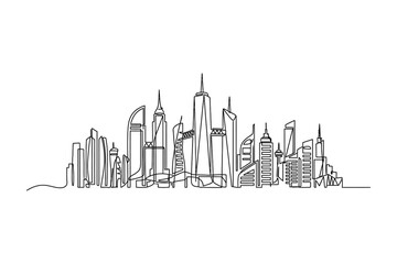 Fototapeta premium A continuous line drawing of a modern city skyline with skyscrapers.