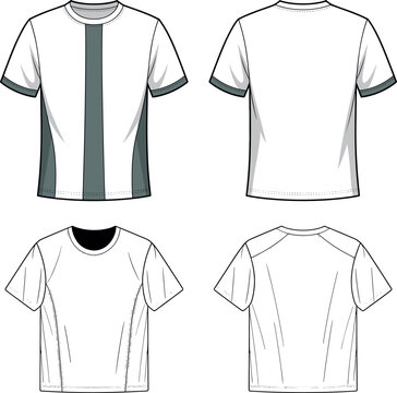 Classic athletic t-shirt technical sketch featuring raglan sleeves and colorblock panel details with front and back views for fashion design template vector illustration