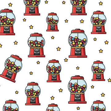 Whimsical Seamless Pattern of Cartoon Red Gumball Machines and Stars