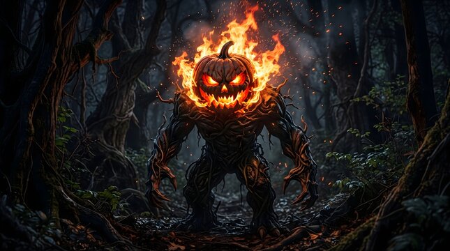 Fiery Jack-o'-lantern creature in dark forest during Halloween night with glowing eyes