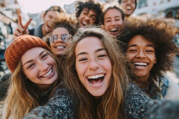 Obraz premium Group of diverse young adults smiling and posing for a selfie outdoors, wearing casual clothing and accessories, with a blurred city background and bright sunlight