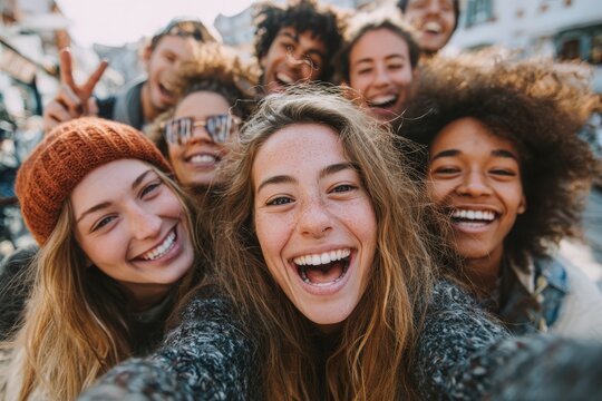 Group of diverse young adults smiling and posing for a selfie outdoors, wearing casual clothing and accessories, with a blurred city background and bright sunlight