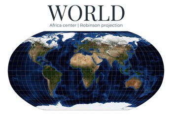 World map in Robinson projection, Africa centered. High detail physical map. Classic, balanced design. April View. Elements of this image furnished by NASA. © Eugene Ga