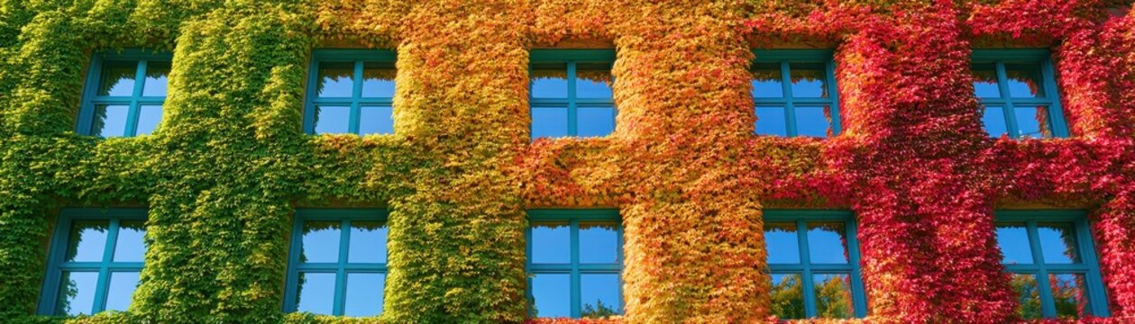 Building facade covered in vibrant ivy leaves showing  seasonal color transition from green to red