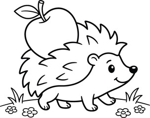 Hedgehog carrying an apple on its back walking through a field of flowers and autumn leaves.