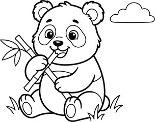 Panda bear cub holding a bamboo shoot while sitting on grass under a cloudy sky. © Taibur