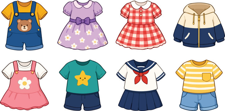 Cartoon vector clothing collection featuring purple floral dress, red gingham dress, sailor school uniform, and star t-shirt outfit. Perfect for children's fashion, education, stickers, nursery graphi