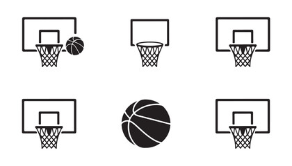Obraz premium Set of basketball hoops with net and ball, basketball isolated vector icons. professional sport equipment.