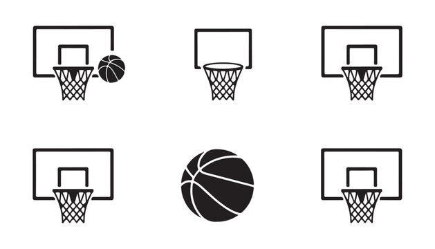 Set of basketball hoops with net and ball, basketball isolated vector icons. professional sport equipment.