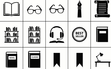 Library and reading icon set featuring open books glasses fountain pen scroll bookshelf audiobook headphones bestseller badge and desk lamp