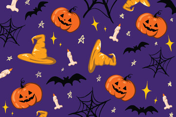 Fototapeta premium Seamless Halloween Pattern with Pumpkins and Bats