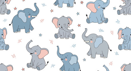 Elephant illustration pattern with sketched animals and floral accents on a white background © MDRASEL