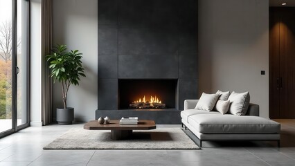 Naklejka premium Modern minimalist living room interior design featuring a contemporary fireplace and comfortable seating