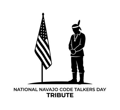 National navajo code talkers day tribute illustration with soldier silhouette standing next to american flag isolated on transparent background, Vector