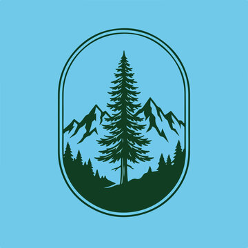 Vintage style mountain and pine tree forest oval badge logo.