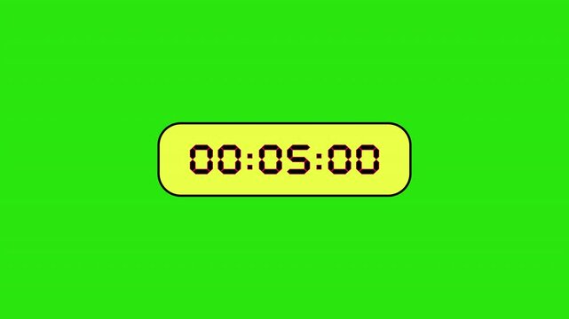Digital timer counting up on a green screen background with a yellow display panel for easy chroma keying and alpha channel integration in video editing projects