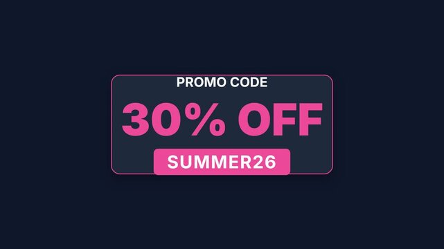 Animated promo code discounts, vibrant pink and white text on dark background, seamless loop, symbolizing savings and online shopping