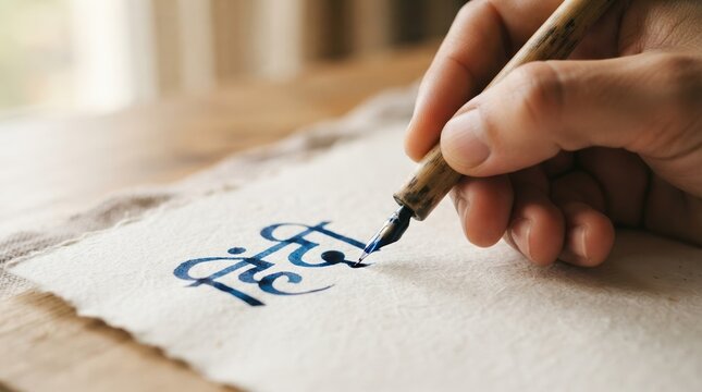 Close up of a hand writing Hindi script with a dip pen on textured paper, representing Indian language learning, cultural heritage, traditional calligraphy, and artistic expression