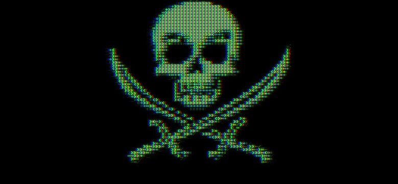 ASCII art Jolly Roger pirate skull and crossbones made of code characters on black background