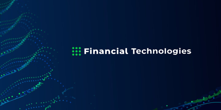 financial technologies text on dark blue background with glowing green and blue dots fintech finance technology dot pattern abstract modern digital
