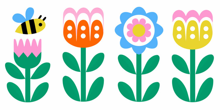 simplified flowers with bee in bold colors vector illustration graphic design nature floral botanical garden spring summer childish playful cartoon